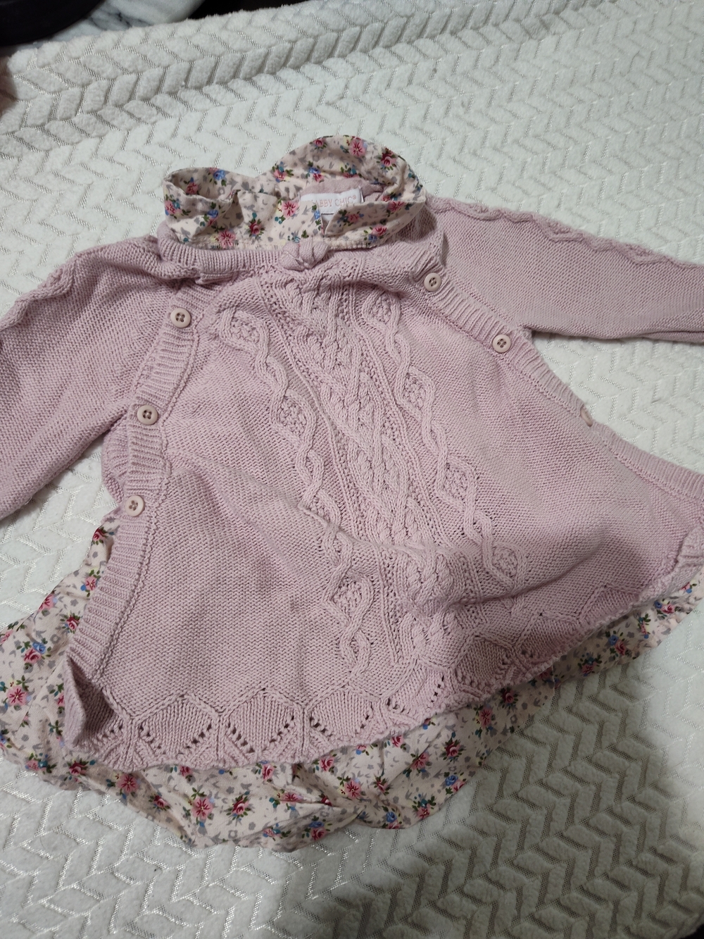 Shabby Chic Light Pink Cable Knit Sweater with Floral Trim